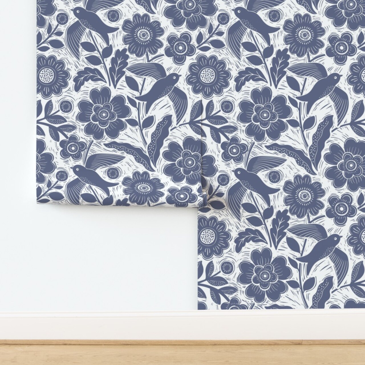 Blue Floral Block Print Birds Hand Drawn Woodcut Summer Stamp Custom Pre-pasted Wallpaper by Spoonflower Pre-Pasted Wallpaper 2FT Wide